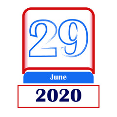 29 June 2020. Vector flat daily calendar. Date, month.