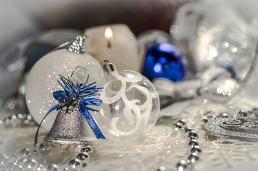 Christmas toys in white and blue tones