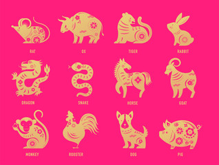 Chinese new year, zodiac signs, papercut icons and symbols. Vector illustrations