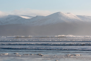 The sea rushes in at Inch beach in Kerry, Ireland