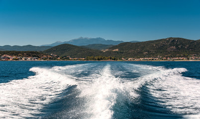View on yacht trail on sea surface from back of yacht.
