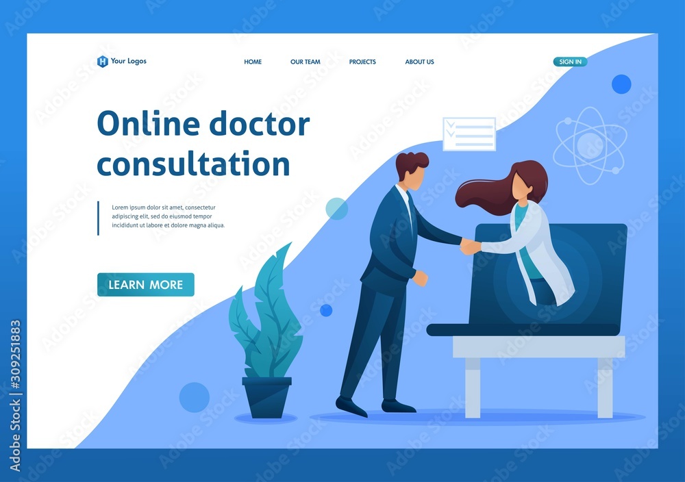 Poster conclusion of the contract for online consultation of the doctor. flat 2d character. landing page co