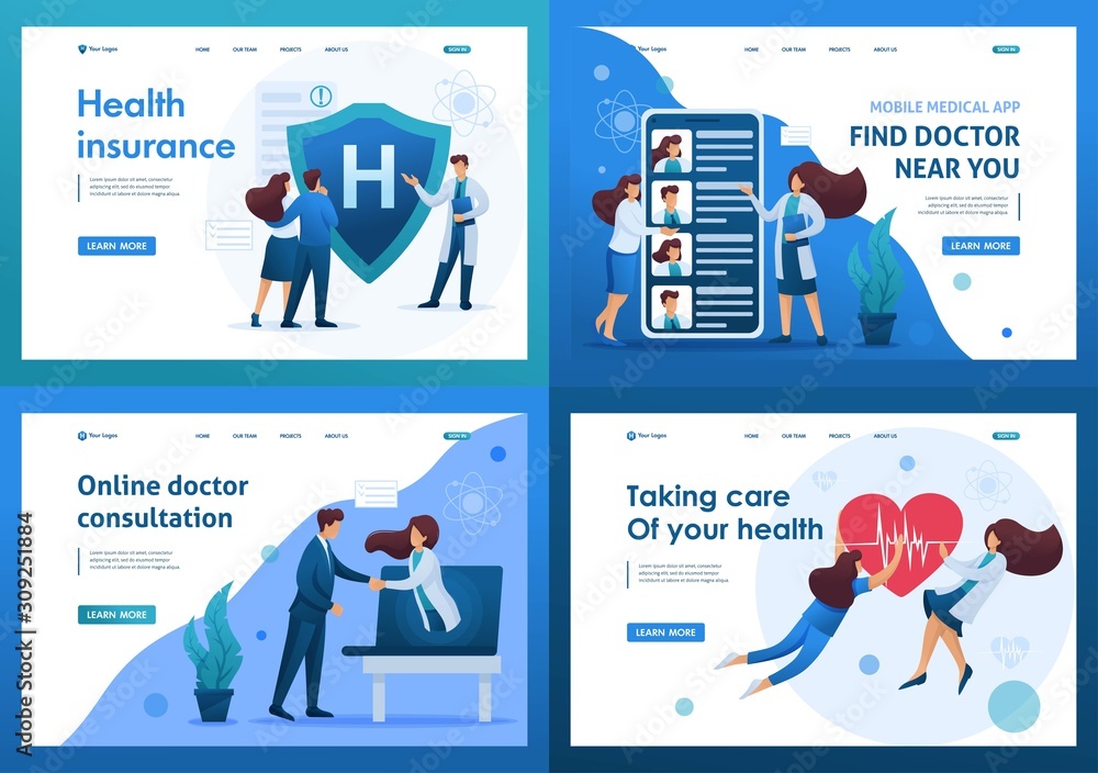 Poster set 2d flat concepts work of doctors for the preservation and promotion of health. for landing page 