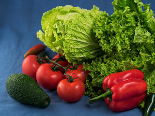 Green salad, Chinese cabbage, jalapenos, avocados, vegetables and fresh tomatoes on a blue textile background. Close-up. Selective focus on lettuce leaves. Horizontal orientation.