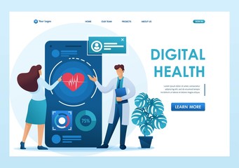 Doctor shows the patient how to use the application to maintain health. Flat 2D character. Landing page concepts and web design