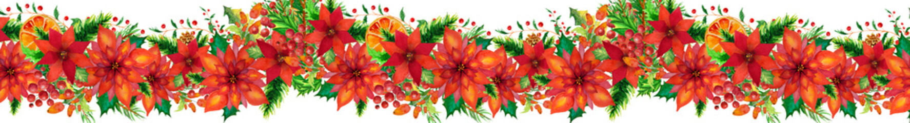 Obraz premium Floral wreath of christmas poinsettia and fir trees branch.