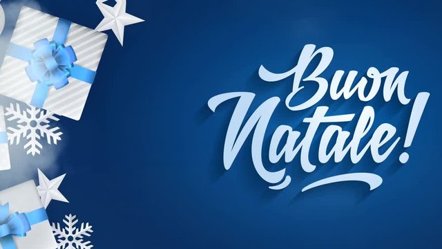 Buon Natale - Merry Christmas in Italian language red wood looped background with glitter gold elements, snowflakes, stars and calligraphy