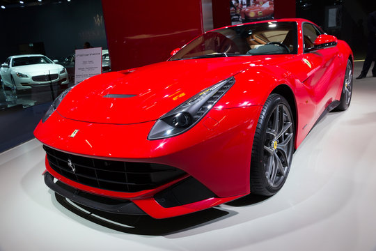 FRANKFURT, GERMANY - SEP 16, 2015: Ferrari F12 Berlinetta sports car at the AutoRAI 2015. The F12 debuted in 2012 and replaces the 599 series grand tourers.