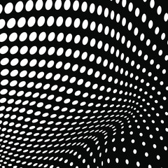 White distorted halftone dots pattern background. Abstract shape. Trendy design element for prints, web pages, template, presentation and monochrome pattern