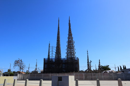Los Angeles, California – May 16, 2019: WATTS TOWERS by Simon Rodia, architectural structures, located in Simon Rodia State Historic Park, LOS ANGELES