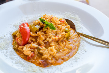 Vegetable risotto dish  in a restaurant