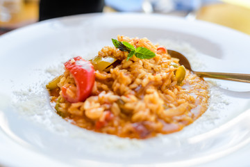 Vegetable risotto dish  in a restaurant
