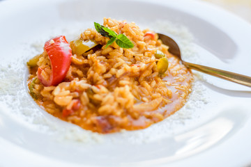 Vegetable risotto dish  in a restaurant