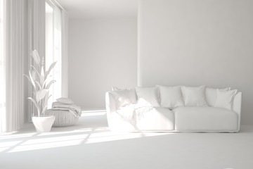 Mock up of stylish room in white color with sofa. Scandinavian interior design. 3D illustration
