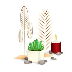 Vector home interior decor composition with realistic green succulent plant, burning candle, exotic golden leaves. Echeveria Pansy plant, decorative stones, red candle, palm leaves for home decoration