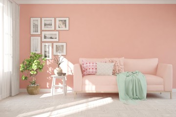 Stylish room in pink color with sofa. Scandinavian interior design. 3D illustration