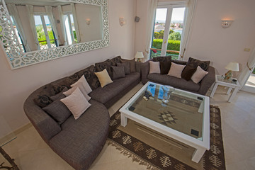 Interior design of luxury villa living room with patio door