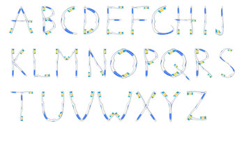 English alphabet of toothbrushes on white background