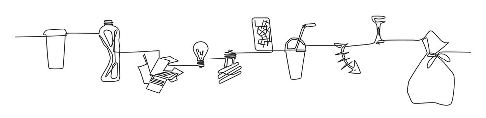 rubbish drawing  one continuous line. crumpled plastic bottle, coffee Cup, garbage bag, broken smartphone, food waste, paper, light bulbs. separate collection, recyclable waste