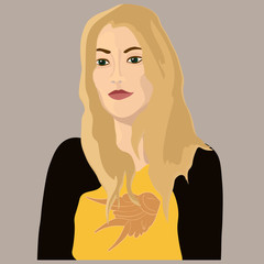 Woman in a yellow T-shirt, blond hair. Work, study, education, student, teacher, promotion, shopping. Vector portrait isolated.