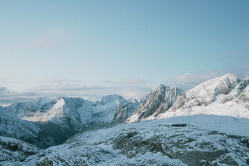 Snow White Glacier Mountains with Brilliant Blue Sky