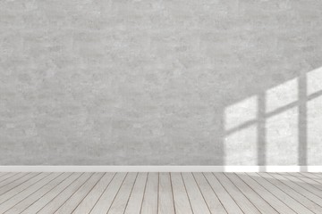 Interior wall of mock up room. Concrete wall and wooden floor with light and shadow cast on wall, create tone of modern vintage interior with free space. 3D illustration. - 309256207