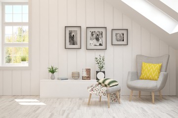 Stylish room in white color with armchair. Scandinavian interior design. 3D illustration