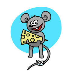 A sly and agile mouse stands with a piece of stolen cheese. Funny smile. The tail is bandaged with a bandage. Cartoon vector illustration.