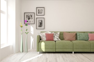Stylish room in white color with sofa. Scandinavian interior design. 3D illustration