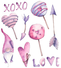 Watercolor cute illustration for Valentine's Day of pink lollipops, gnome, heart, love and arrows. drawn by hand isolated on a white background. For cards, posters.
