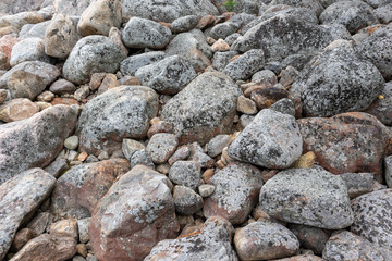 Grey granite stones on natural northern seashore. Close up gray texture, rough surface material. For design, web