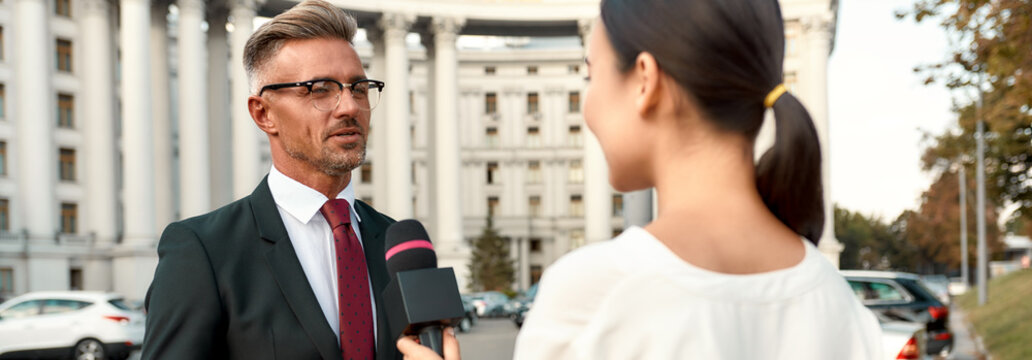 The freedom of words. Female journalist interviewing politician. Journalism industry, live streaming concept.
