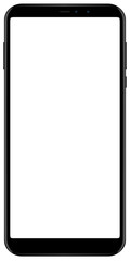 Brand new smartphone black color with blank screen isolated on white background mockup. Front view of modern android multimedia mobile phone easy to edit and put your image or text.