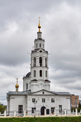 Fototapeta na wymiar Russia. Orel city. Bell tower of Epiphany Cathedral from the Orlik River