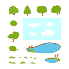 Fototapeta premium Vector flat trees, pond and bushes for map
