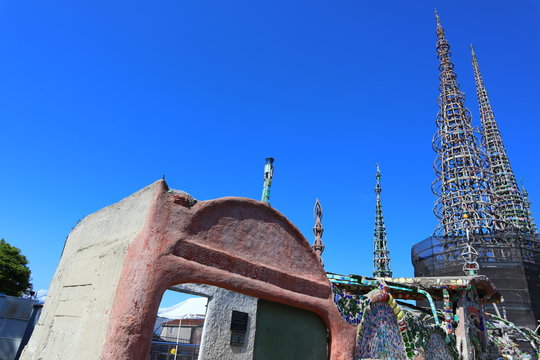 Los Angeles, California – May 16, 2019: WATTS TOWERS by Simon Rodia, architectural structures, located in Simon Rodia State Historic Park, LOS ANGELES