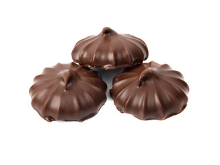 Marshmallows in chocolate isolated on white background.