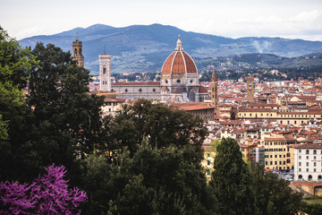 Fototapeta na wymiar View of Boboli Gardens in Florence, Italy, with sculptures, blooming trees and flowers