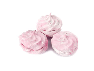 Three pink marshmallows isolated on white background.