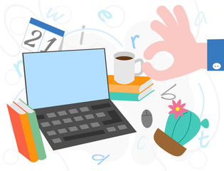 Vector illustration of copywriting, writing posts, bloggers, book writers and journalists. Concept on the topic of blogging and writing. Notebook, books, coffee, calendar