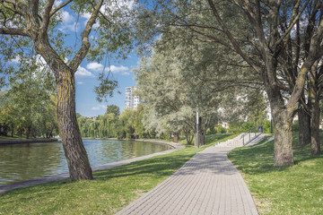 Walkway in the park along the river. Beautiful landscape of summer.