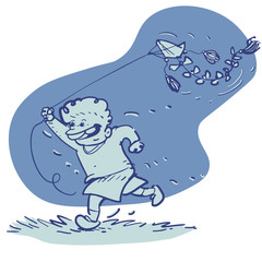 a funny cartoon kid flying kite on the grass
