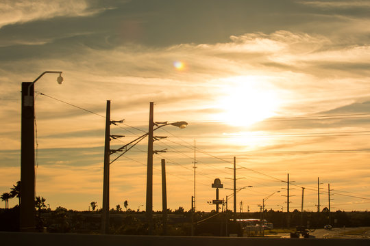 power plant at sunset