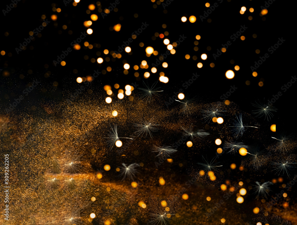 Poster white inflorescences dandelion on black background with golden sparkles. blurred effect. concept for