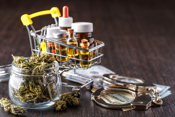 Medical Cannabis ( Marijuana ) oil ready for consumption,cannabis,Essential oil made from medicinal cannabis.Cannabis herb and leaves for treatment.Buds. Skunk. cbd