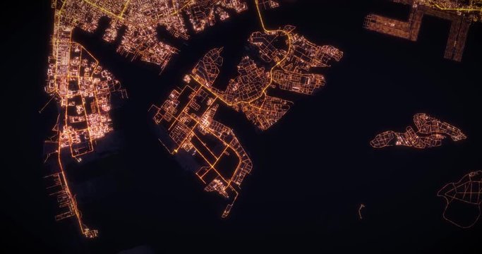 Aerial night view of city of Singapore, Asia. Traffic and street light glowing. Camera flying high above, moving around city from space filming cinematic straight down. 3d animation rendering.