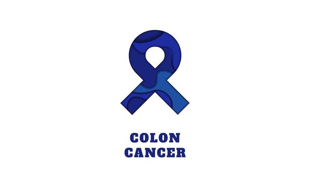 Colon cancer awareness animation. Blue ribbon made in 3D paper cut craft style on white background. Rectum disease medical concept. Motion graphics.