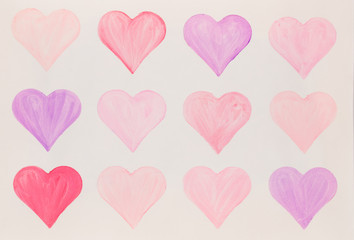 Watercolor painted pink heart, on the white watercolor paper.