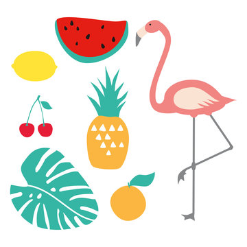 Set of summer icons. Vector illustration of flamingo, palm leaf, waterlemon, cherry, frond, pineapple, orange, lemon.