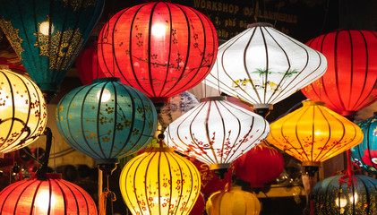 Beautiful decoration lanterns light on night market in Hoi An, Vietnam.